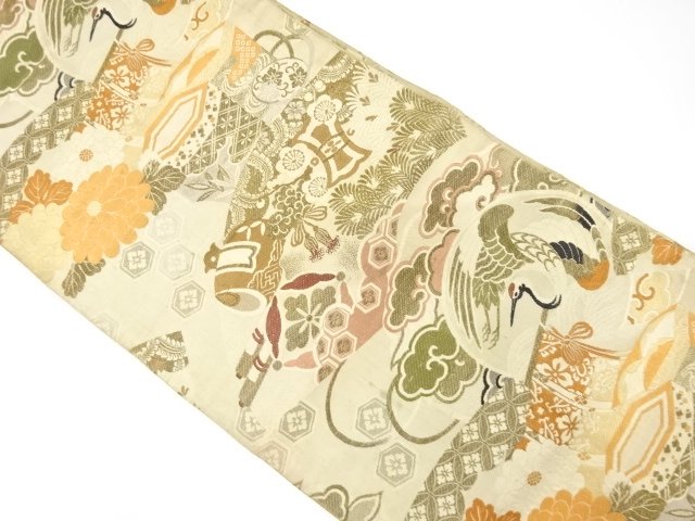 JAPANESE KIMONO / ANTIQUE MARU OBI / WOVEN CRANE & KIKU